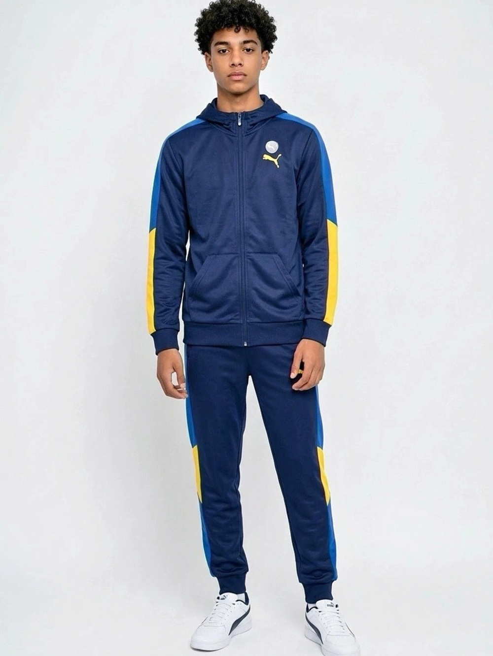 PUMA Unisex Youth Size XL Colorblock Full Zip Hooded Hoodie Navy/Blue/Yellow